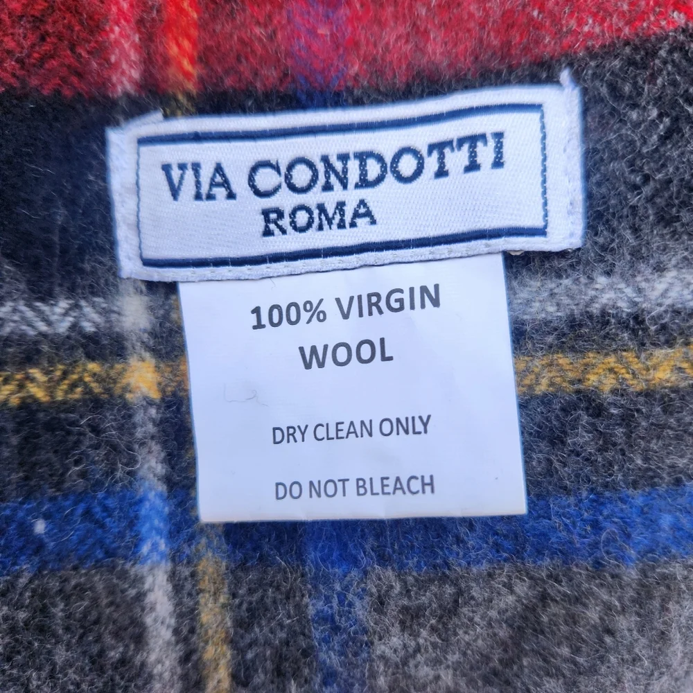 VIA CONDOTTI Roma Scarf Red Gray Plaid 100% Wool Tartan Made In Italy